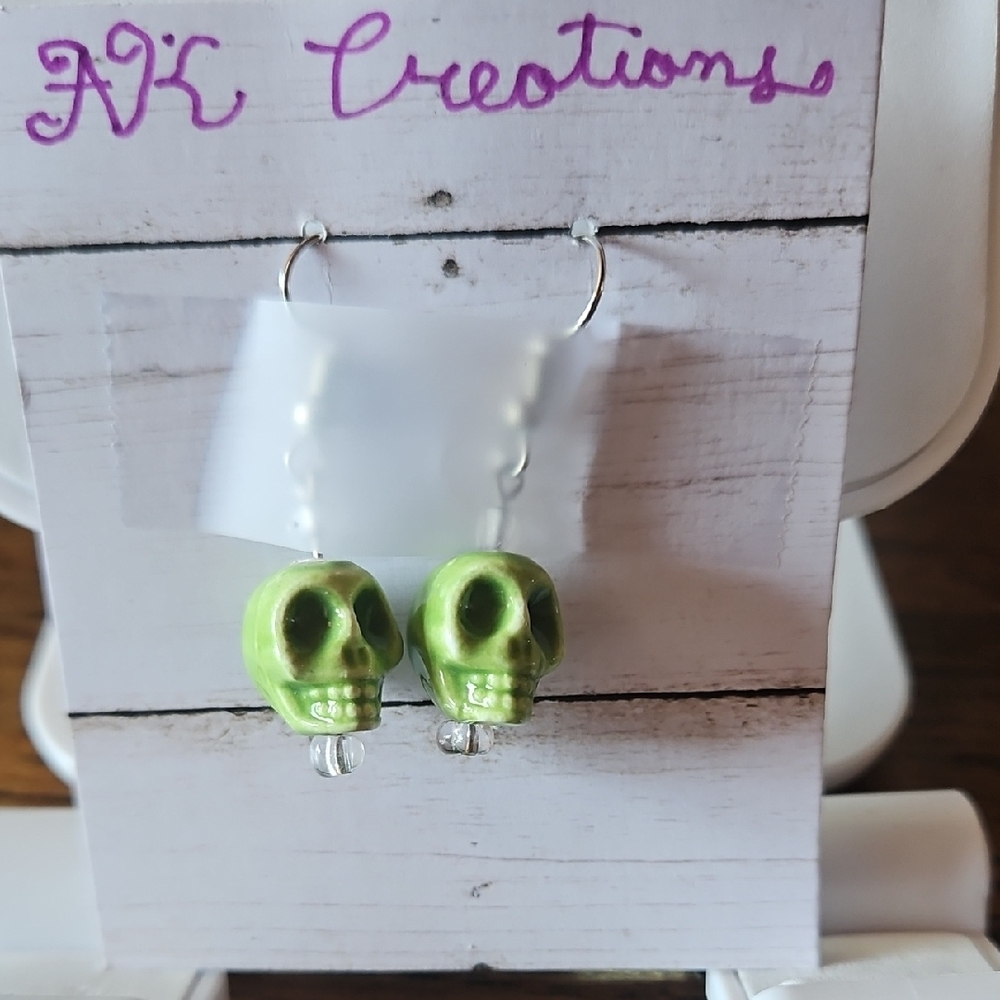 Handmade Green Skull Earrings With Silver Wire